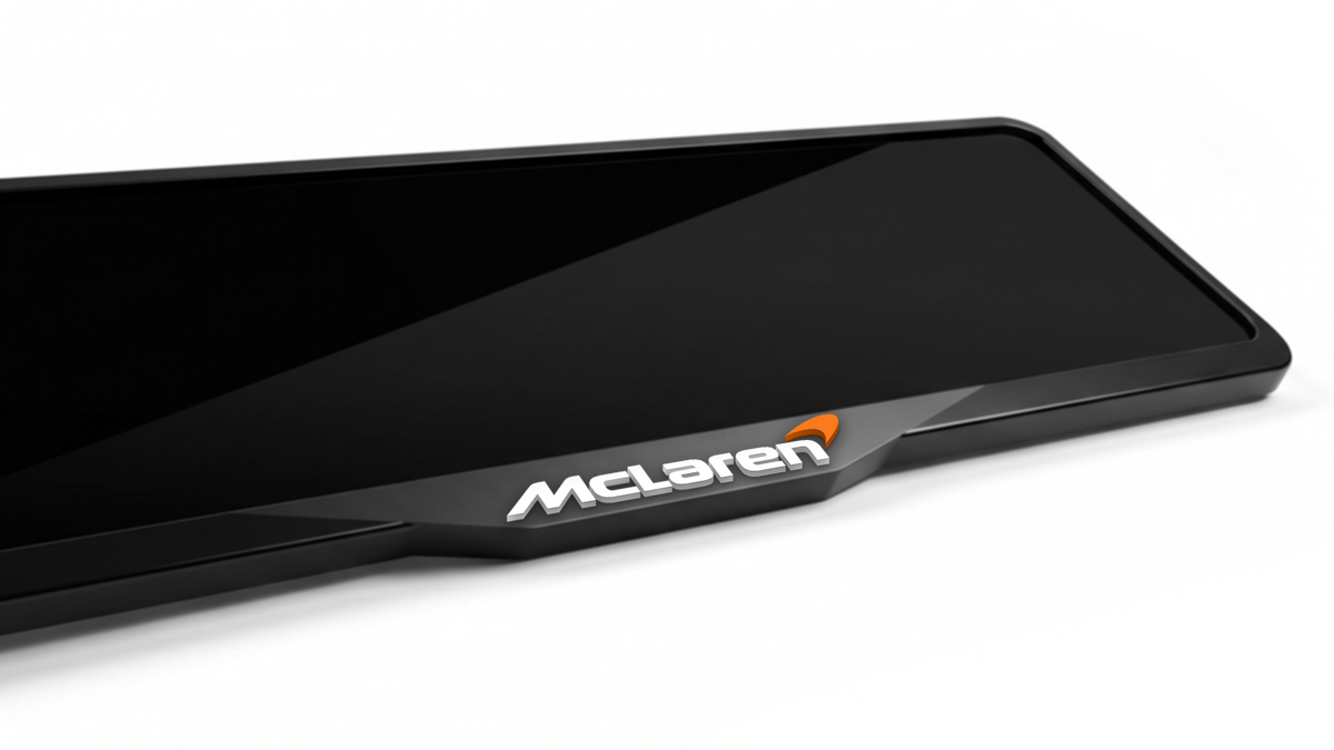 إطار لوحة ترخيص من الأكريليك المقطوع بالليزر بشعار MCLAREN - أسود لامع