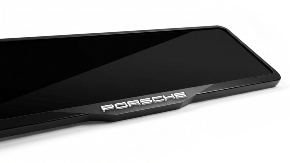 إطار لوحة ترخيص من الأكريليك مقطوع بالليزر بشعار PORSCHE - أسود لامع